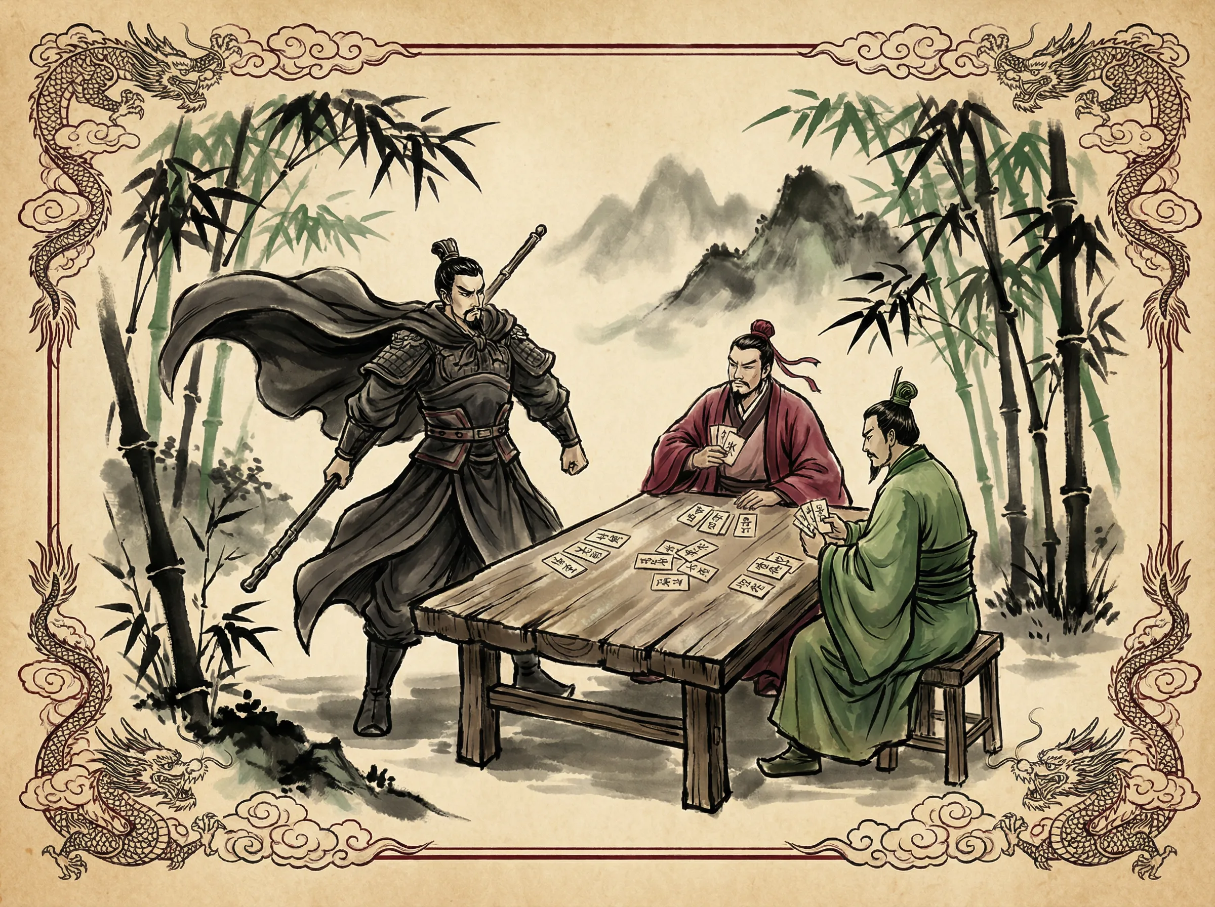 斗地主门派卡片，巴蜀三侠围坐牌桌