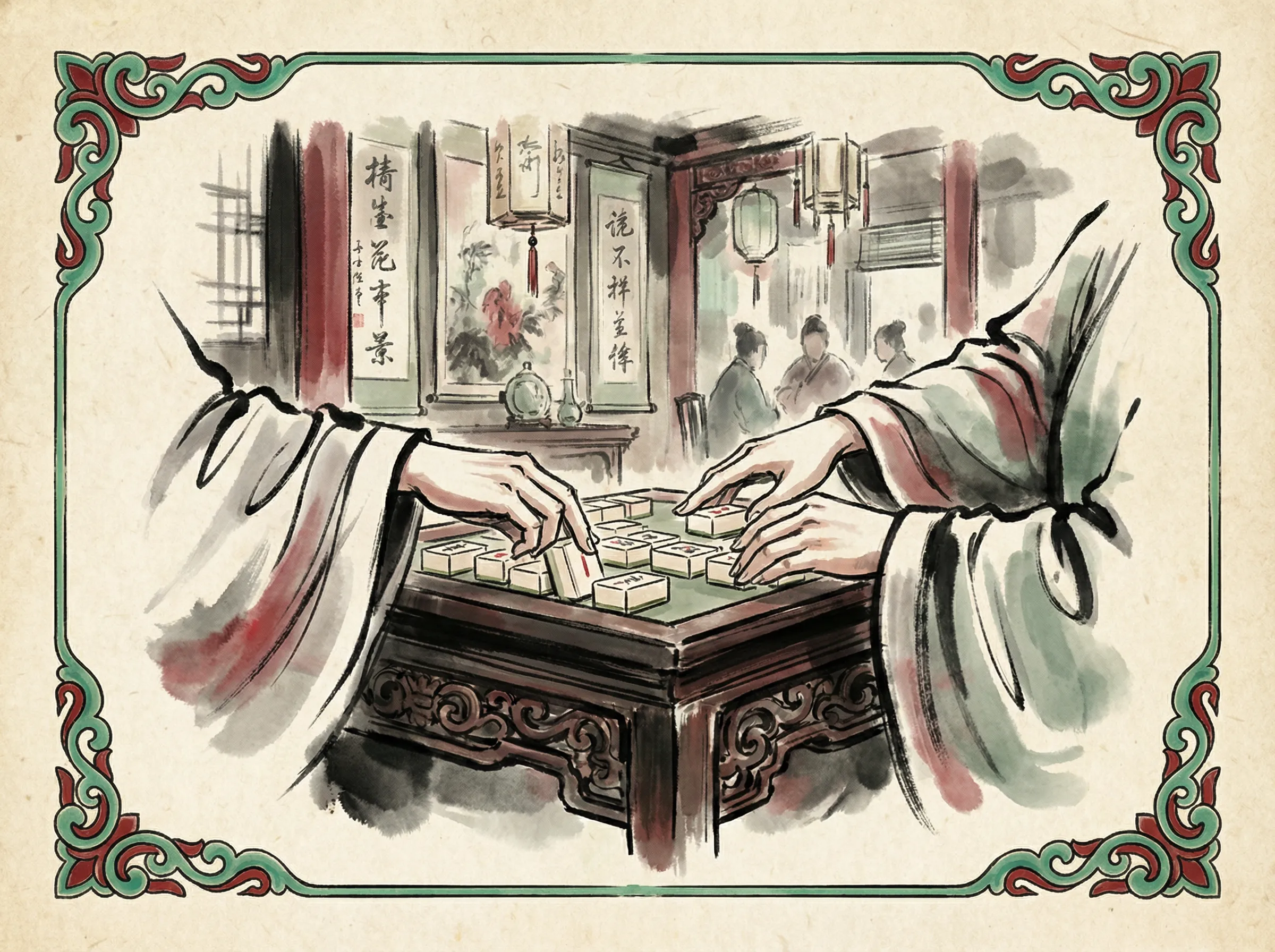 麻将门派卡片，雅士在古色古香的房间中搓麻